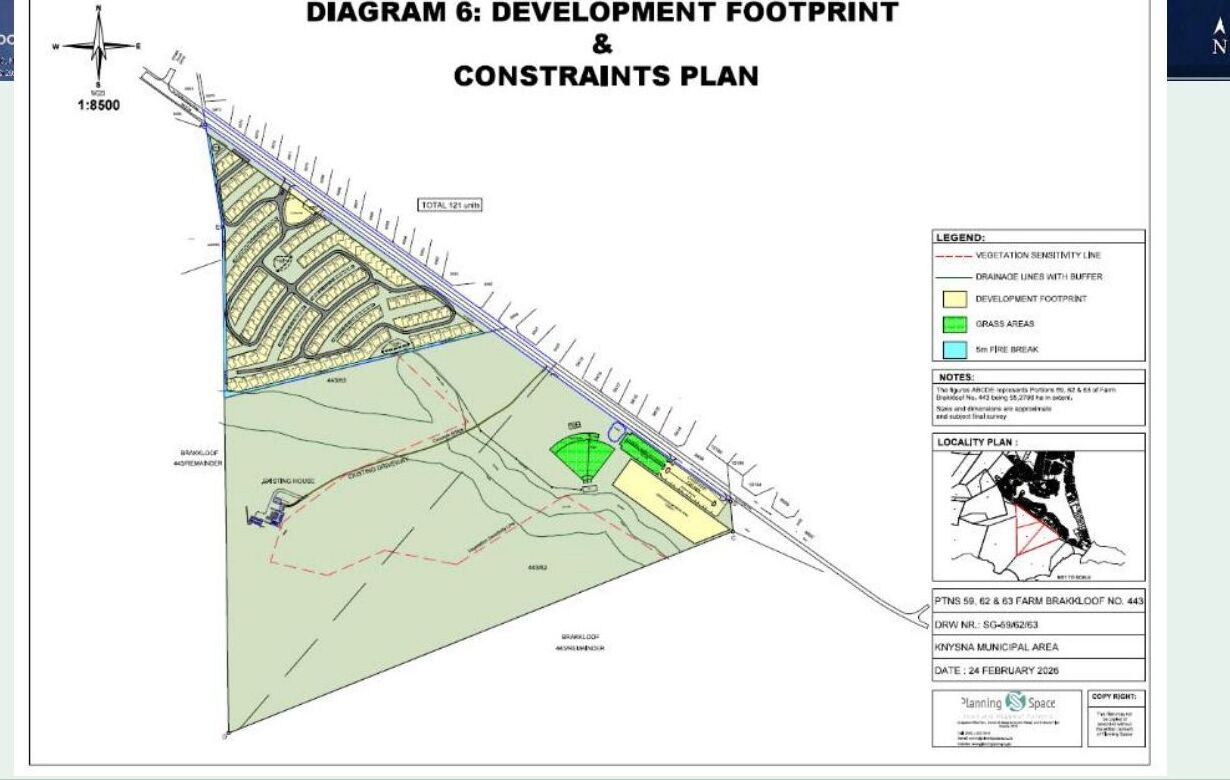 Diagram 6 development footprint and constraints plan for Portions 59, 62 and 63 of Farm Brakkloof 443. The cream blocks at top show the 121-unit retirement complex on Portion 59. The yellow and green blocks centre-right show the Museum of Mankind cluster and amphitheatre on Portion 62. The remainder is conservation, with vegetation sensitivity lines and drainage buffers marked.