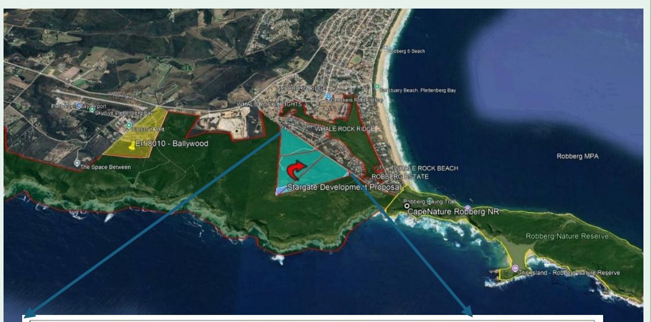 Aerial locality map showing the Star Gate site between Whale Rock Ridge and the Robberg Nature Reserve.